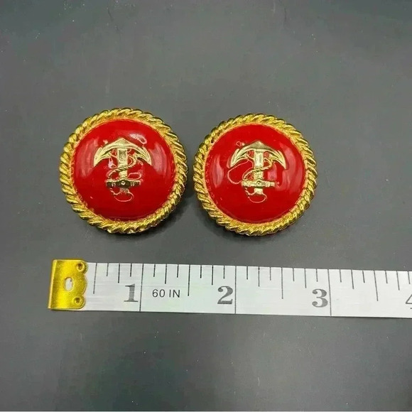 VGT 80's Nautical Anchor Red Enamel Earrings Clip-On Gold-tone Back - Picture 7 of 8